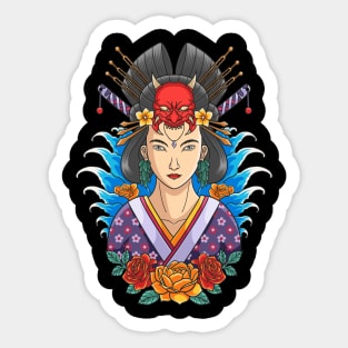 Portrait of beautiful geisha with japanese  traditional costume, flowers and wave Sticker